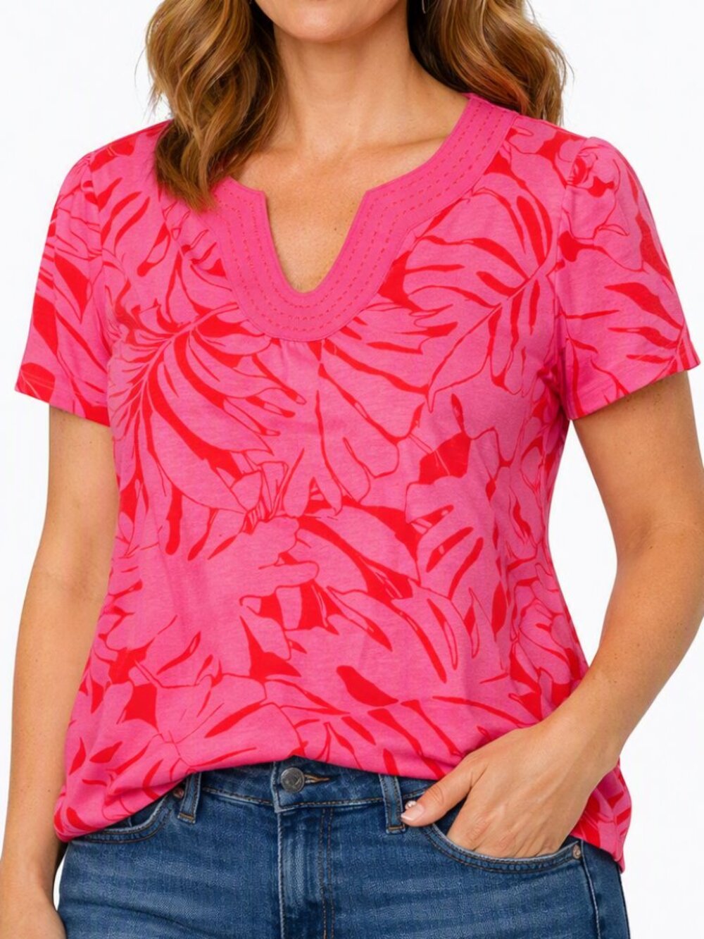 Rafaella Hot Pink & Red Scoop Notch Short Sleeve Top - Large